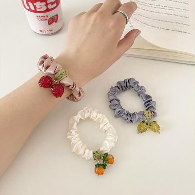 China Fashion New Popular Women Silk Satin Beaded Elastic Hair Scrunchies Girls Big Cute Soft Hair Tie for sale