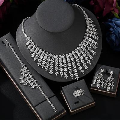 China CLASSIC Elegant Women Wedding African CZ Crystal Leaf Drop Bridal Necklace Bracelet Jewelry Sets and Earrings Jewelry Sets for sale