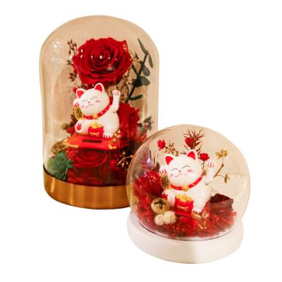 China 2021 Luxury Premium Real Flower In Glass Tube Kung Hei Fat Choy Fortune Cat Flower Gift For Friend for sale