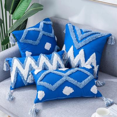 China Nordic Handmade Embroidered Pure Style PORTABLE Sofa Car Pillow Case Morocco Tassel Tufted Geometric Pillowcase Cotton for sale