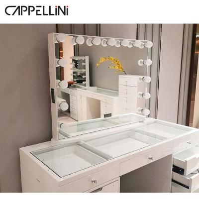 China Oversized Mirrored Makeup Table Desk Wooden Single Dressing Vanity (Other) High Paint Adjustable Drawers With Lighted Mirror for sale