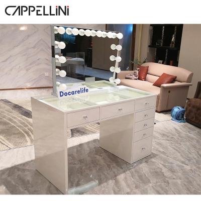 China Adjustable Modern Home Furniture Dressing Table (Other) Makeup Designs Wooden Mirror With Drawer Set Modern White for sale