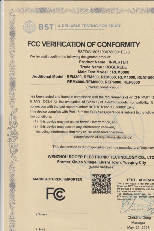 FCC - Wenzhou Rogerele Electronic Technology Co., Ltd.