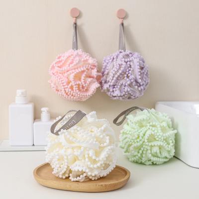 China EXFOLIATE Hot Selling Custom Logo On Sliver Shower Loofah Bead PE Mesh Exfoliation Body Scrubber Soft Bath Sponge for sale