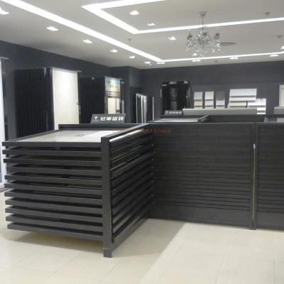 China Tile Display Sliding Rack Metal Hardware Custom Showroom Sliding Wooden Ceramic Tile Flooring Display Racks for sale