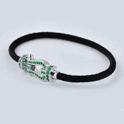 China Hiphop 925 Emerald Silver Black Rope Grown In Lab Bracelet for sale