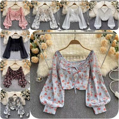 China 2023new Slim Fit Elastic Fitted Square Sleeve Chiffon Shirt Women's Spring Spring Lantern Top for sale