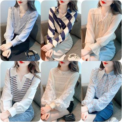 China Newest Design Anti-Wrinkle Slash Ruffle Neckline Sexy Lantern Sleeve Collar Soft Chiffon Blouse for sale