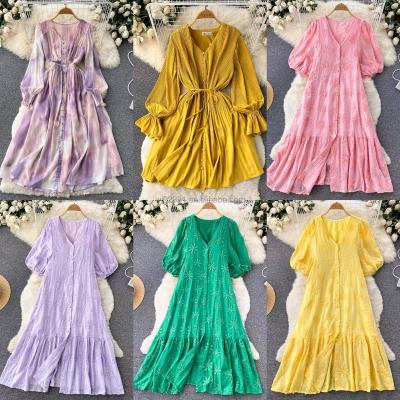 China Summer clothing temperament elegant casual dresses anti-static printed lantern sleeve split women's sexy dresses for sale