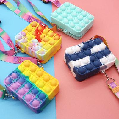 China New Waterproof Silicone Push Pop Bubble Shaking Soft Cubes Bags Rainbow Cross - Body Coin Bag Kids Pinch With Sling Strap for sale