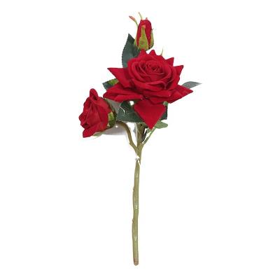 China Wholesale Simple Long Stem Artificial Silk Velvet Red Roses Flowers Decoration For Home Wedding Party for sale