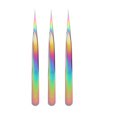 China Tweezers Multicolor Steel Eye Lasher Straight Rainbow Tweezers Colored Fake Make Fans Eyelash Extension Tweezers Pointed Clip CURSAVELA for sale