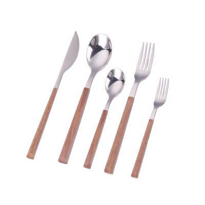 China Sustainable new Style stainless steel imitate wood grain tableware clip handle Steak knife fork spoon dessert fork spoon for sale