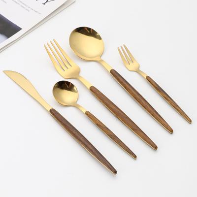 China Sustainable Stainless steel imitate wood grain tableware clip handle Steak knife fork spoon  wood handletableware for sale