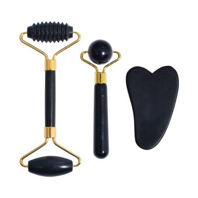 China Personal Face Lift Jade Three Piece Facial Roller with Custom Logo Obsidian Jade Roller Guasha and Gua Sha Skin Care Tool Kit for sale