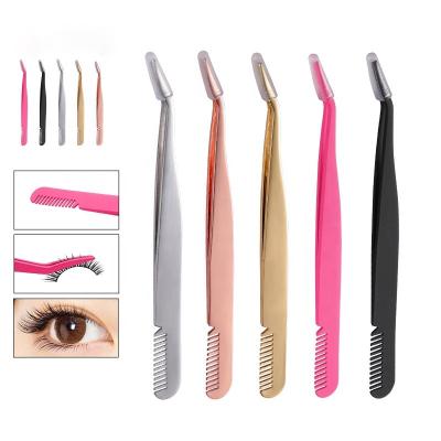 China 2022 Wholesale Product Stainless Steel Customized Logo Black Curved Eyebrow Fake Eyelash Tweezers With Comb for sale