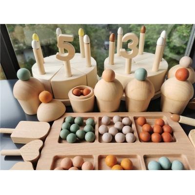 China 100% Eco-Friendly Montessori Wooden Sensory Toys Match Cups With Beads Popsicle Birthday Cake With Candle Digital Pretend for sale