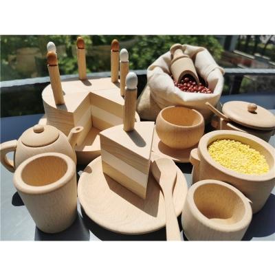 China 100% Eco-friendly Montessori Wooden Sensory Toys Cooking Pot Bowl Cups Dishes Kitchen Set Pretend Play For Kids for sale