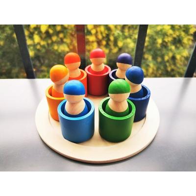 China 100% Eco-Friendly Rainbows Peg Dolls Friends Wooden Figures with Cups Montessori Toy For Kids Open the Insulator Block Game for sale