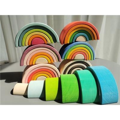 China 100% Eco-Friendly Rainbows Stacking Wood Building 6 Layers Nature Small Arch Stacker Blocks Montessori Toys Kindergarten for sale