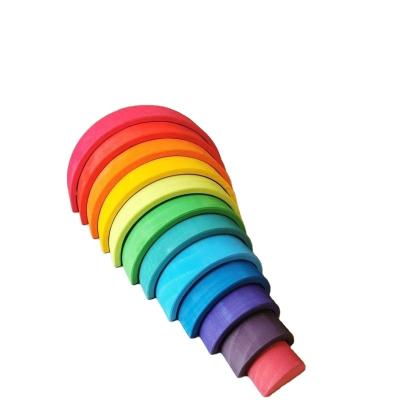 China 100% Eco-friendly Kids Wood Building Blocks 12 Layers Pastel Nature Big Rainbow Arch Stacker Stacking Toys For Children for sale