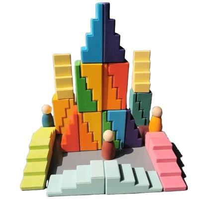 China 100% Eco-Friendly Wooden Rainbows Building Stacking Stairs Blocks Set Pastel Stepped Roofs For Kids Creative Play for sale