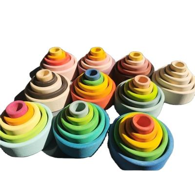 China 100% Eco-Friendly Rainbow Pastel Colored Stacking Wooden Bowls Blocks Early Montessori Toys For Baby for sale