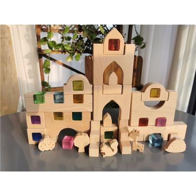 China 100% Eco-friendly Wooden Building Blocks Set Stacking Castle Toys With Transparent Cubes Rainbow Woods Trees Animals Giraffe For Kids for sale