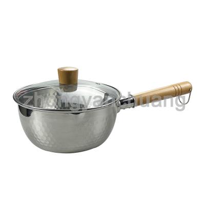 China Sustainable Fashion Trend Stainless Steel Snow Pan Saucepan Japanese Style Milk Soup Stock Pot with Wooden Handle and Glass Lid for sale