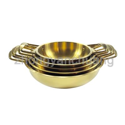 China Sustainable Wholesale Stainless Steel Cooking Pots Gold Silver Round Frying Pan Seafood Pot Instant Noodles Cooker with Two Handles for sale