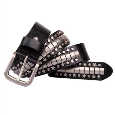 China Comfortable high quality 3.5cm wide vegetable tanned leather studded belt men hip hop star rivet belt for men for sale