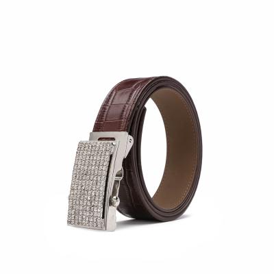 China Comfortable 30mm Alligator/Leopard/Plain Full Cowhide Leather Belt Bling Bling Diamond Plate Buckle Belt 90-105cm for sale