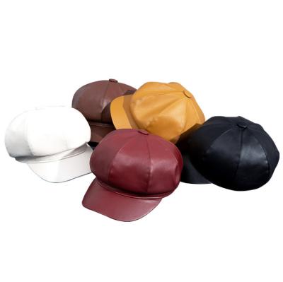 China Wholesale British Leather Octagonal Korean Korean Painter Hat Image Hat PU Japanese Berets for sale