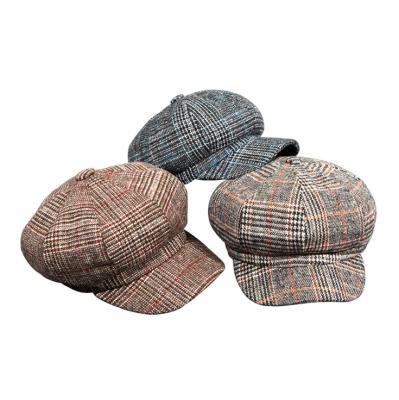 China Wholesale Retro Plaid Japanese Octagonal Hat British Plaid Image Fur Beret for sale