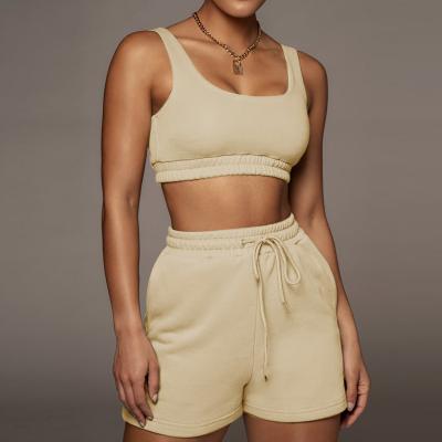 China Breathable Casual Solid Shorts Sets Women 2021 Two Piece Top Crop And Drawstring Shorts Matching Sportswear Set Summer Athleisure Outfits for sale