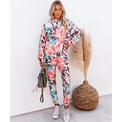 China Sustainable Women's Casual Tie Dye Long Sleeve Hoodies Pants Set Lounge Wear Set Autumn Street Two Piece T-Shirt Tops And Jogger Clothes Set for sale