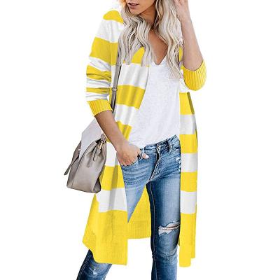 China 2021 viable new design cardigan knitted women sweater coat style long plus size striped spliced ​​suit for ladies fall winter for sale