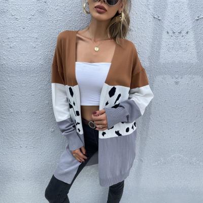 China Anti-wrinkle leopard cardigan sweater coat women 2021 slim casual fitness splice knit long striped sweater women outwear tops for sale