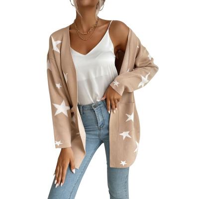 China Anti-wrinkle Jacquard Women's Cardigan Sweater Star Print Loose Long Sleeve Knitted Sweater Jacket Winter 2021 And Fall for sale