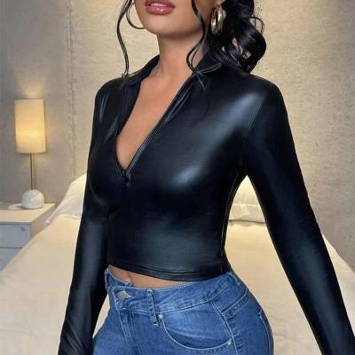 China QUICK DRY Elastic Top Fur Four Side Zipper V-Neck Four Side PU Leather Jacket for sale