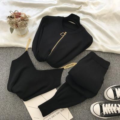 China New Autumn Winter Elegant Stretch Zipper Breathable Cardigans + Knitted Vest + Pants Fashion Women's 3 Piece Suit Tracksuit Clothing Set for sale