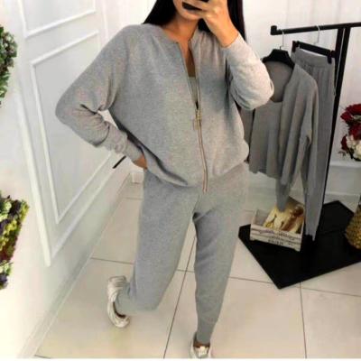 China 2021 Spring Autumn Women Sets Knitted Zipper Sweater Breathable Casual Coats With Solid Pencil Waist Tank Pant And Elastic 3 Piece Set for sale