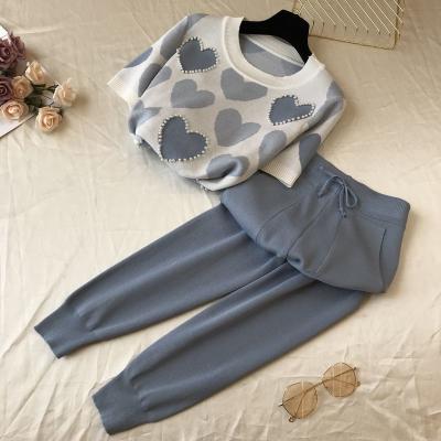 China Back To Summer 2021 Sweet Heart Shape Breathable Beaded Sweater Short Sleeve Elastic Waist Pants 2 Piece Set Women Knitted Suits Female for sale