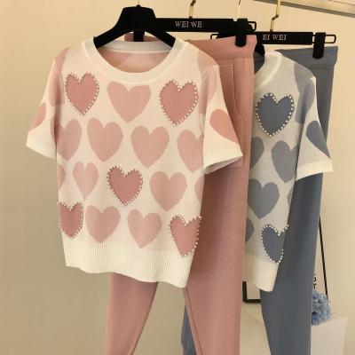 China 2021 New Arrival Beaded Heart Breathable Shape Short Sleeve Sweater Elastic Waist Pants Soft Women Suit 2pcs Ladies Summer Dressing Set for sale