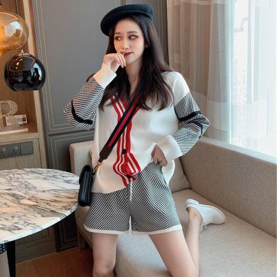 China Fashion Women's Suit V-Neck Two-Piece Casual Breathable Cardigan Long Sleeve Loose Knit Top Warm Autumn + High Waist Comfort Shorts Street for sale