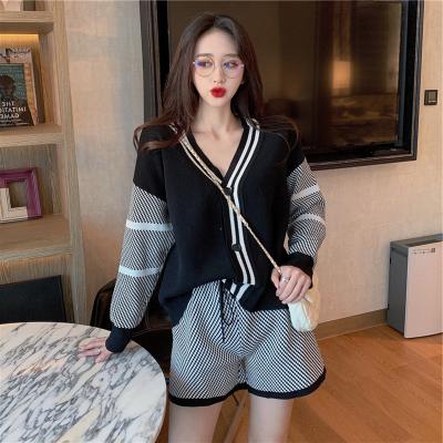 China Breathable Two Piece Womens Shorts Sets Long Sleeve Striped Womens Cardigan Sweater + Drawstring Womens Shorts 2 Pieces Tracksuits for sale