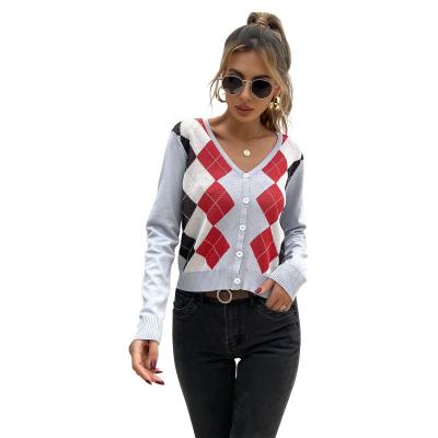 China Anti-wrinkle 2021 Autumn Style Women's Ins Style Plaid V-Neck Jacquard Knitted Sweater Sweater Coat Women Straight Fall Tops for sale