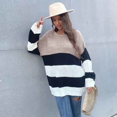 China 2021 New tyle stripe Anti-wrinkle o-neck long pullover women sweaters knit coat color-blocking fashionable striped women clothings for sale