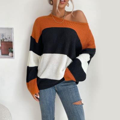 China 2021 Quilting Anti-Wrinkle Pullover Patchwork Blouse Sweater Women Round Neck Knit Long Sleeve Color Blocking Crewneck Top Women for sale