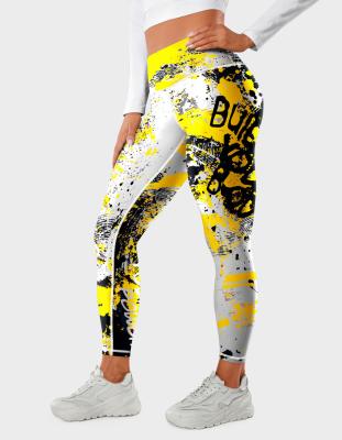 China Breathable Letter-printed Yoga high-waisted sports leggings, color-block graffiti hip lift abdominal compression running workout tights for sale